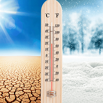 thermometer surrounded by desert image and winter image